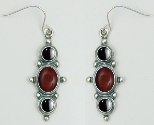 Sterling Silver Drop Dangle Earrings With Red Tiger Eye And Hematite